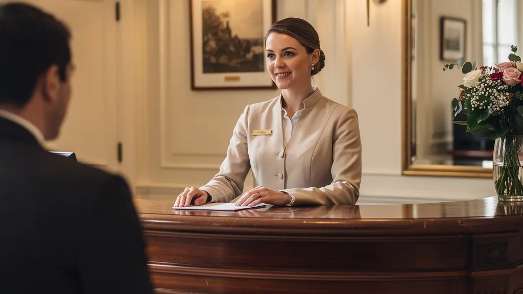 Réception d'un hôtel traditionnel parisien dans le quartier Madeleine