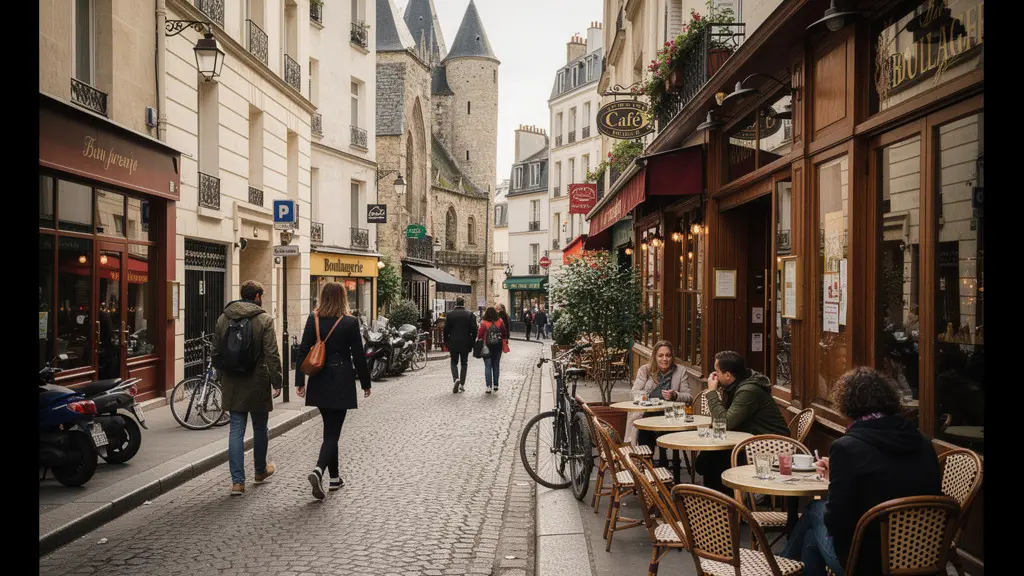 Rue vivante du Marais avec terrasses de café et passants