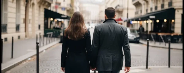 Couple découvrant une rue élégante du quartier Madeleine à Paris centre