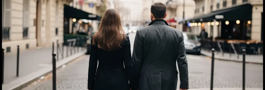 Couple découvrant une rue élégante du quartier Madeleine à Paris centre