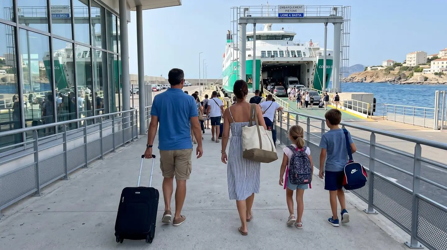 Une famille de dos avec bagages et sacs de voyage marchant vers une zone d'embarquement portuaire moderne sous un ciel lumineux