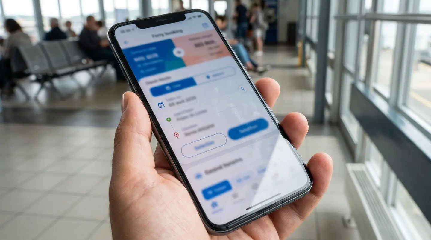 Gros plan sur un smartphone tenu en main affichant un écran de réservation de ferry avec des horaires et destinations visibles mais floutés
