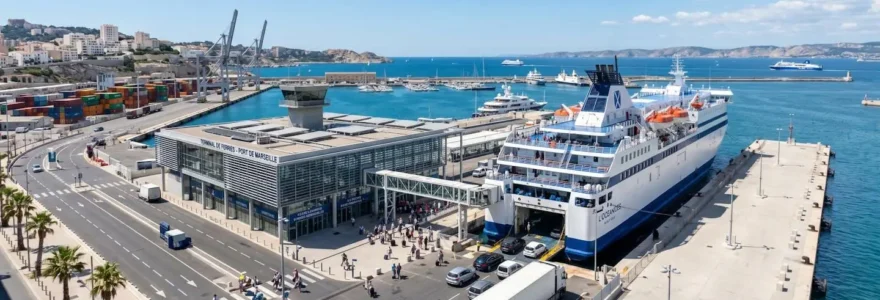 Vue grand angle d'un port méditerranéen moderne avec un ferry blanc et rouge à quai sous un ciel bleu lumineux